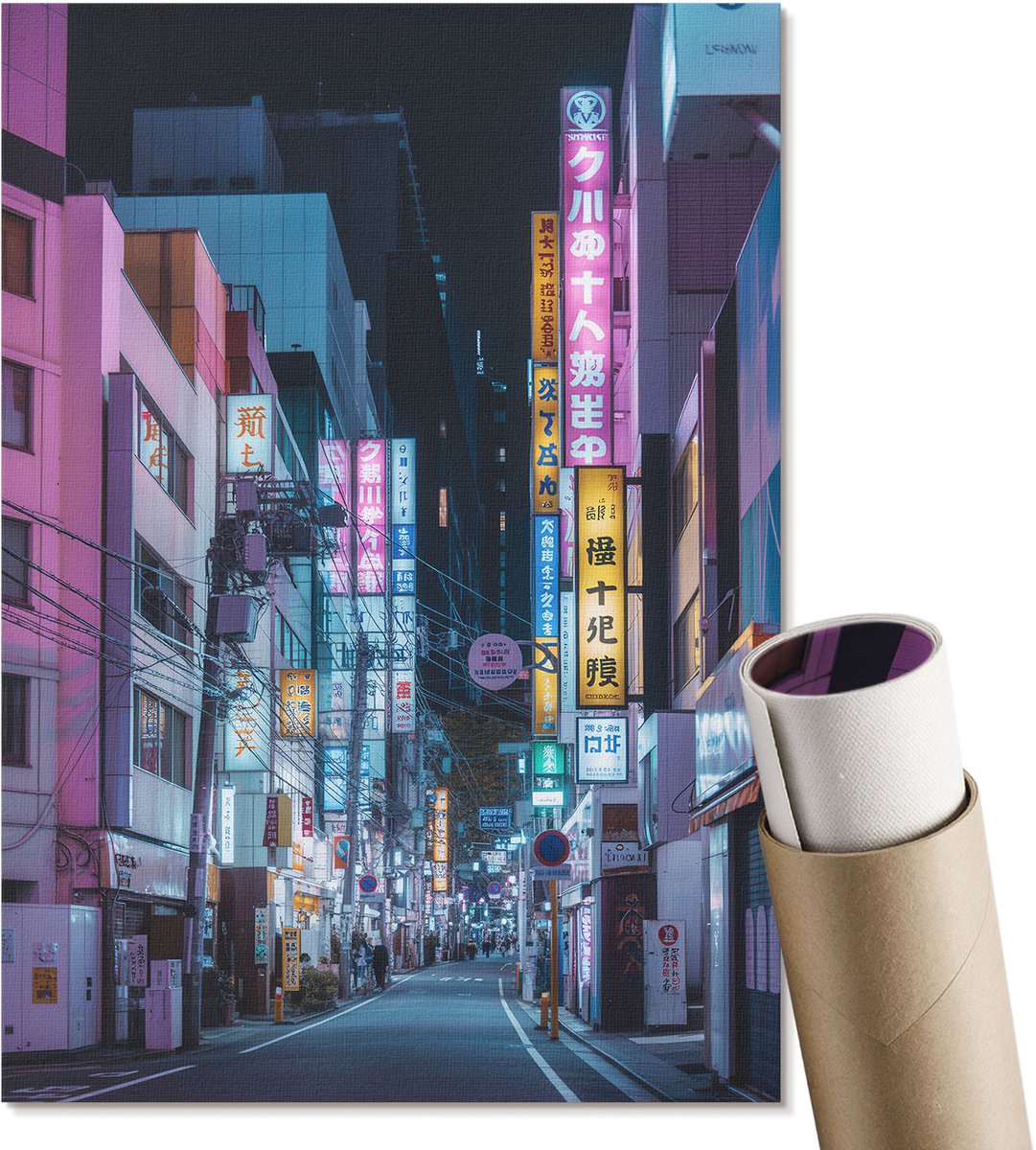 Coloray Polycanvas Wandposter - Een Straat In Japan, Illustratie - A4 - Blauw Kunst - Rechthoek - Interieurdecoratie - Woonkamer, Slaapkamer, Kantoor - Futuristisch