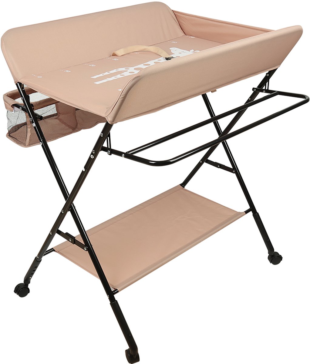 PIPIPOXER Luiertafel opvouwbaar - Met wielen - Vrijstaande Verschoontafe- Afneembare Zij-Caddy - Verstelbare Hoogte – Aankleedkussen - Verzorgingstafel - Opvouwbare & Mobiele commode - lichtroze