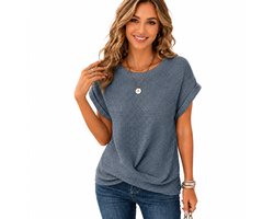 Geweven Dames Tshirt - Gebreid - Shirt - Zomer - Blauw - Opgerolde Mouw