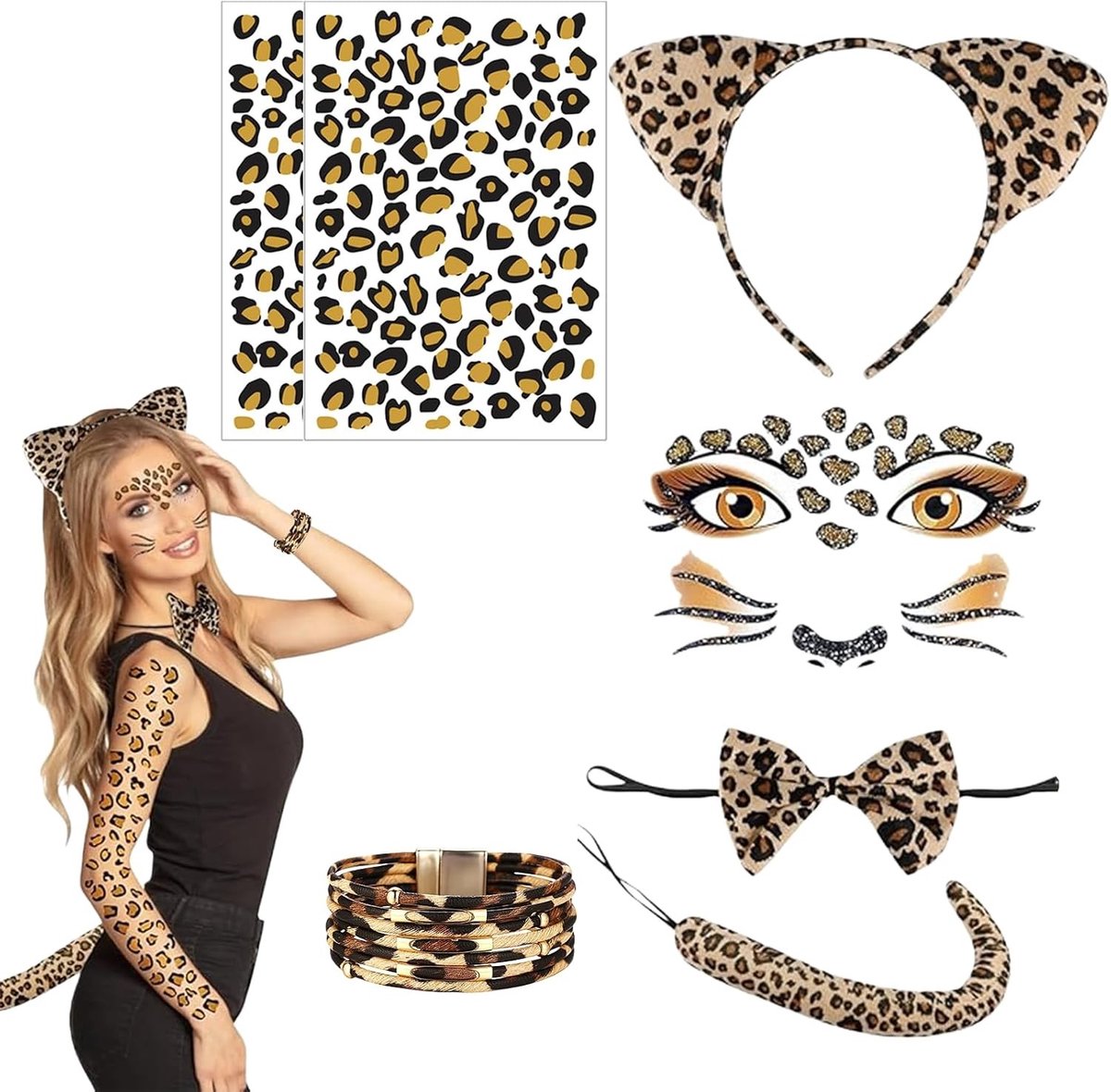 Leopard Kostuum Set met Oren, Haarbanden, Stropdas, Armband, Staart en Gezichtstickers voor Carnaval en Feestjes