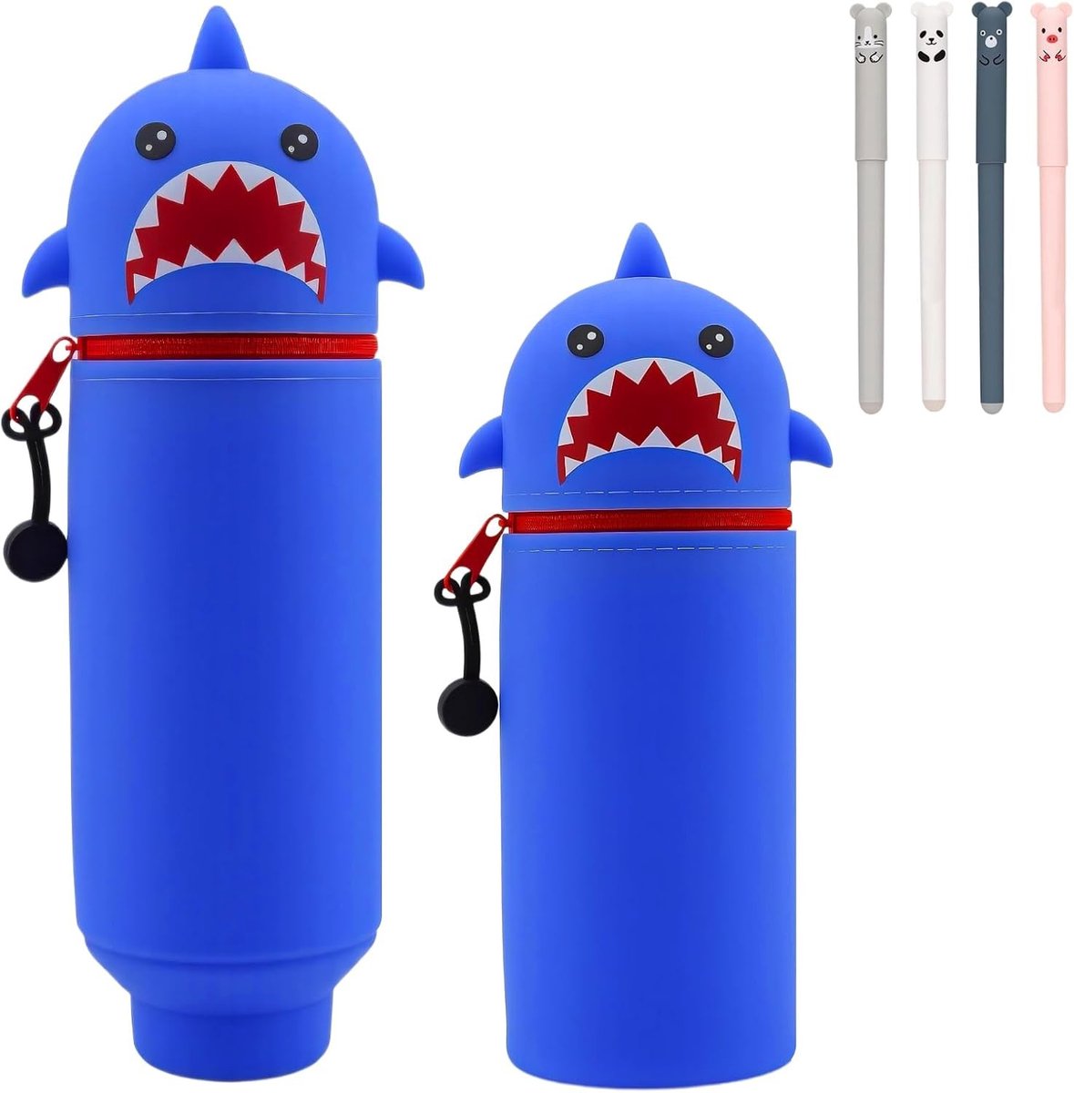 Schattige Silicone Pennenhouder, 2-in-1 Rekbare Dieren Etui voor Potloden, Kantoorbenodigdheden en Schoolspullen met 4 Uitwisbare Gelpennen, Zwart, Haai