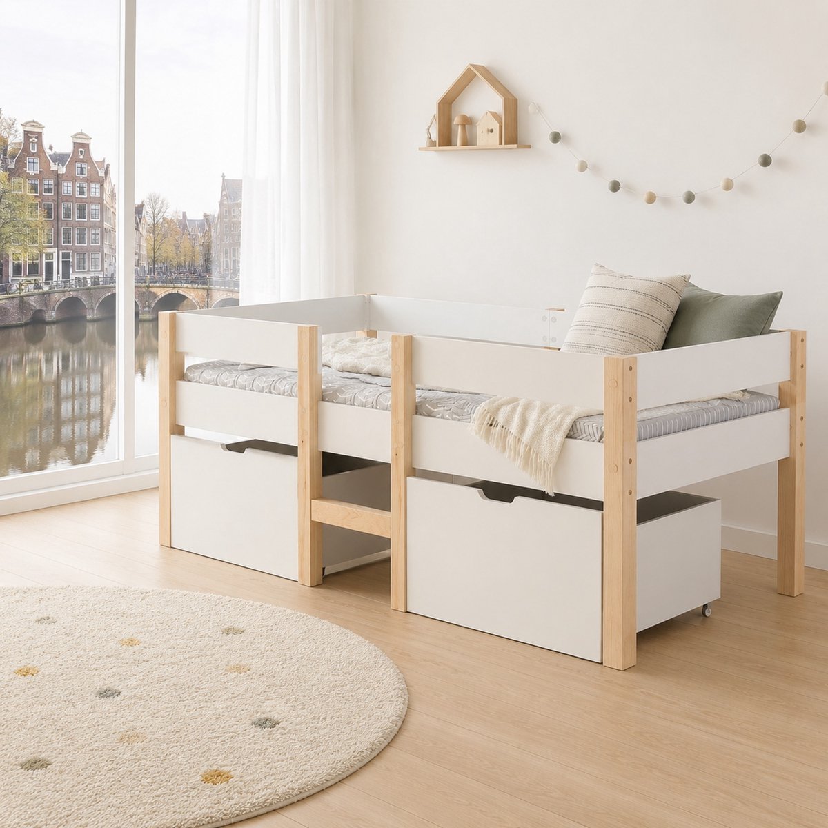 WUVRIE Halfhoogslaper 90x200 cm met lades, ladder en uitvalbeveiliging, wit/eiken