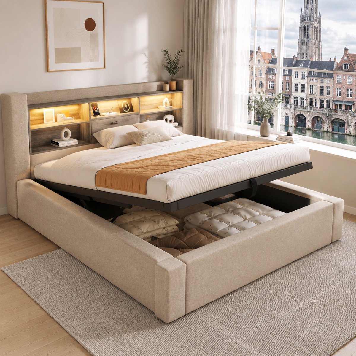 WUVRIE Bedframe 90x200 cm met opbergruimte, LED-verlichting, lattenbodem en USB-aansluitingen, beige