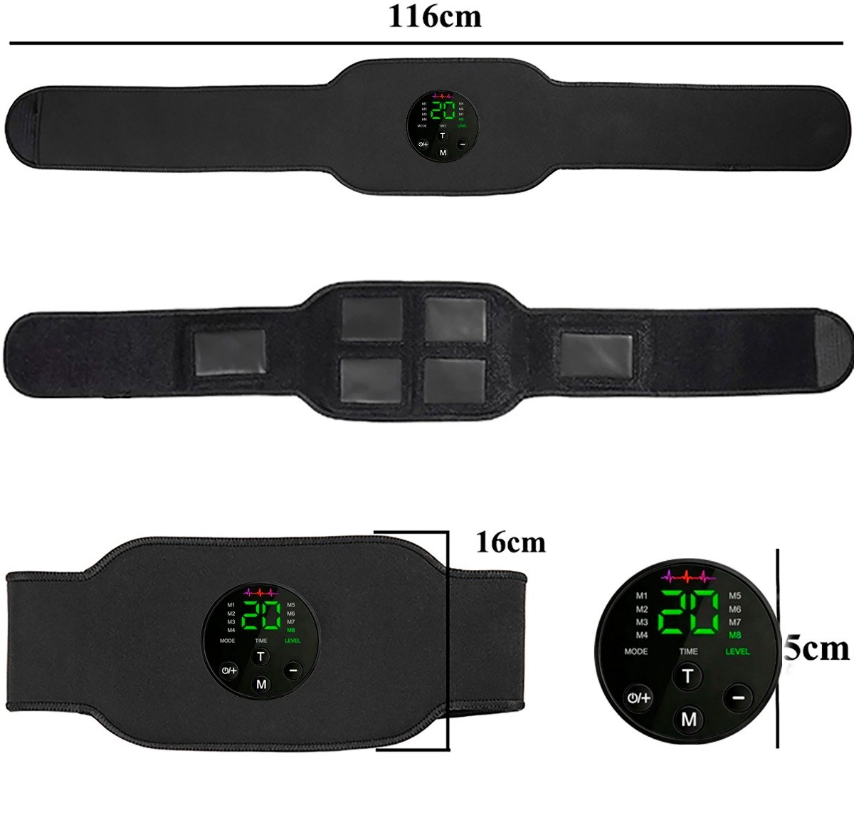 Oplaadbare EMS Buikband - duikmateriaal siliconen zwart driedelige set met display en wasbare stof