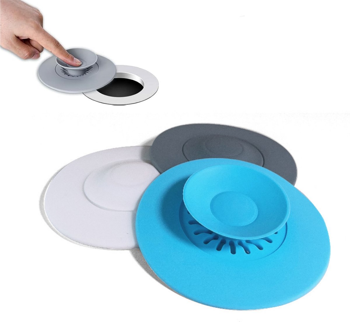 3 stuks - 2-in-1 afvoerstop met zeef - Douche Afvoerstop – Siliconen afvoerzeef voor badkuip - haarvanger - afvoerbeschermer voor badkuip - voor badkamer, badkuip en keuken - Blauw/Grijs/Wit