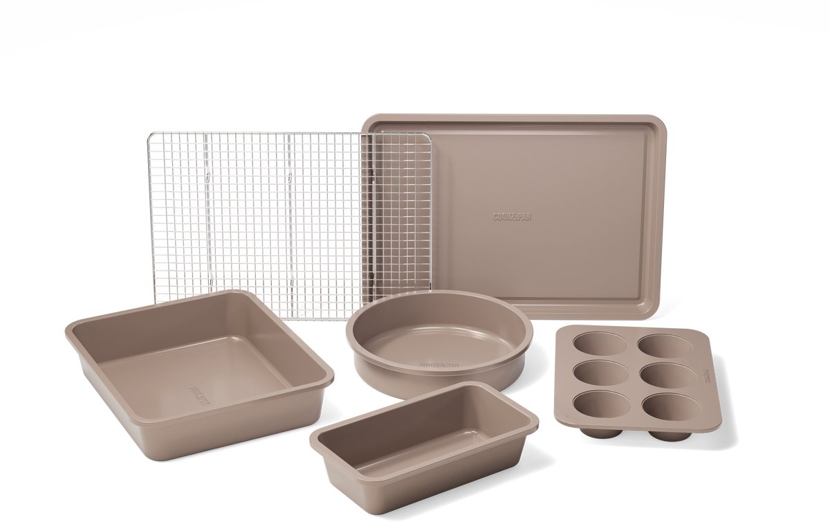 Cook & Pan Keramische Bakvormenset 9-delig Taupe - PFAS Vrij - Oven en Airfryer bestendig tot 280°C - PFAS-vrije Anti Aanbaklaag - Vaatwasserbestendig - Bakset met Bakplaat, Cakevorm, Muffinvorm, Ronde bakvorm, Ovenschaal, Afkoelrek, Beschermers