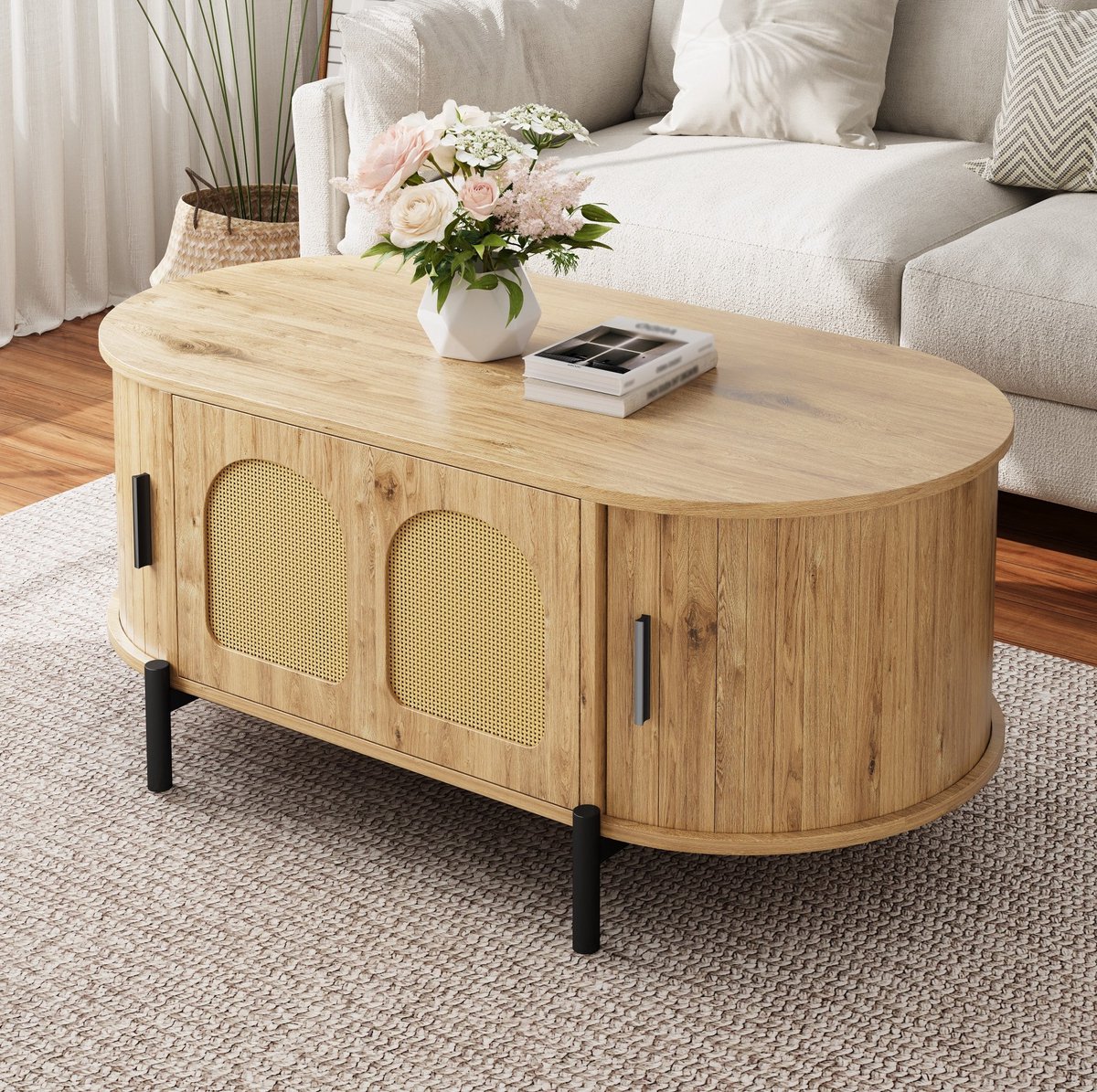 MODFU - Salontafel Met Opbergruimte - Ovaal - Rattan Schuifdeuren - Naturel - MDF - Metaal
