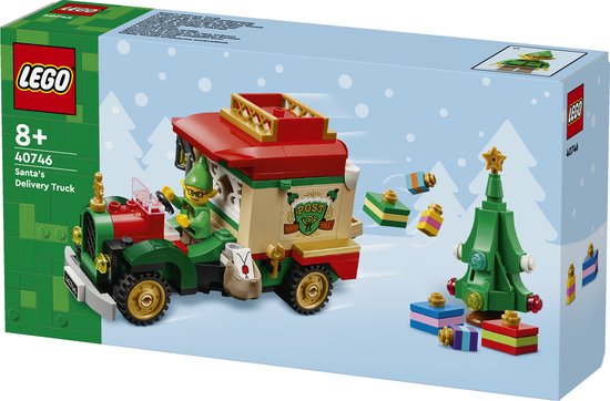 LEGO 40746 Bezorgtruck van de Kerstman, met elf, kerstboom en cadeautjes op een besneeuwde achtergrond.