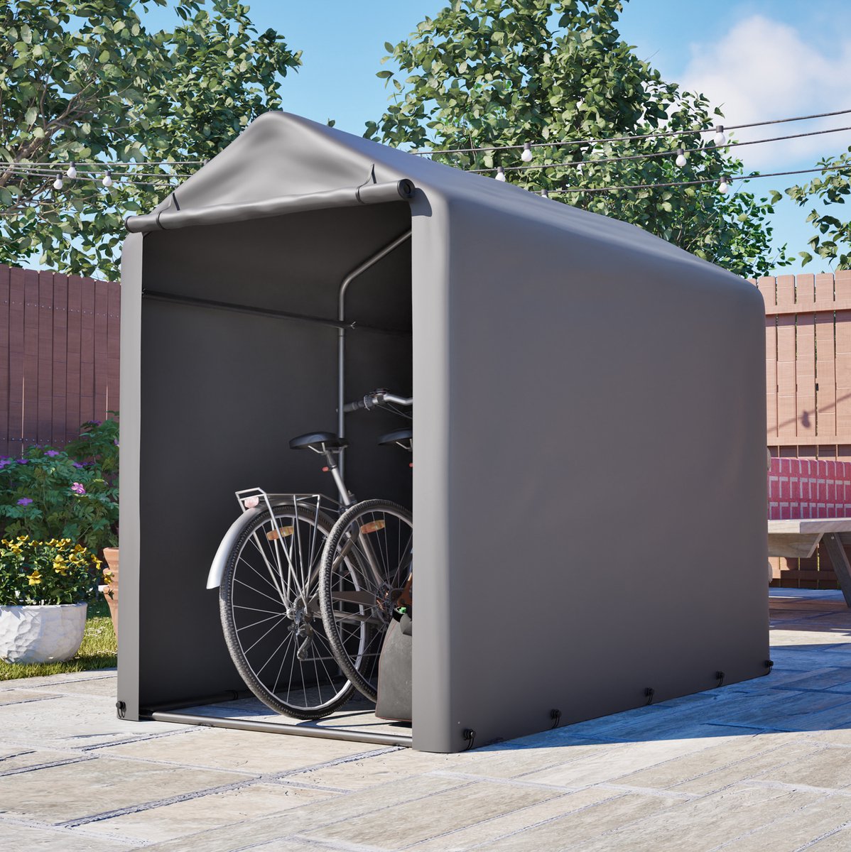 Wishdor Garagetent - Voor fiets en tuinspullen - Stalen frame met PE-zeil - Weerbestendig en uv-bestendig - Voor balkon, terras en tuin - Grijs - 187 x 100 x 160 cm