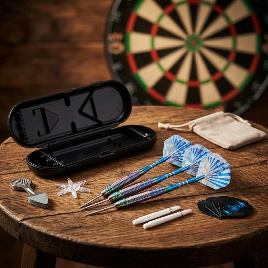 Blauw zilverkleurige dartpijlen 23 gram – 3 stuks steel tip darts met metalen punten – dartpijlen set met geribbelde grip en geometrische flights – inclusief extra shafts, flights, ringen en opbergdoos — afbeelding 5
