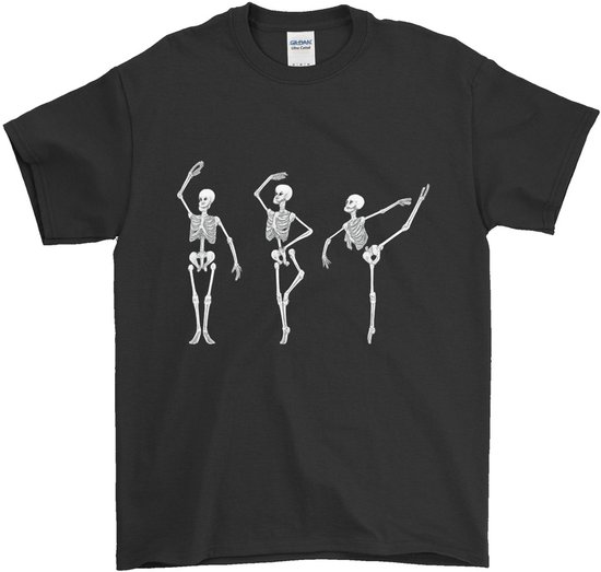 Zwart T-shirt met drie witte skeletten die dansen in balletposities.