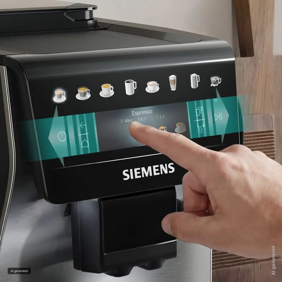 Vinger selecteert 'espresso' op het touchscreen van de zilverkleurige Siemens volautomaat.