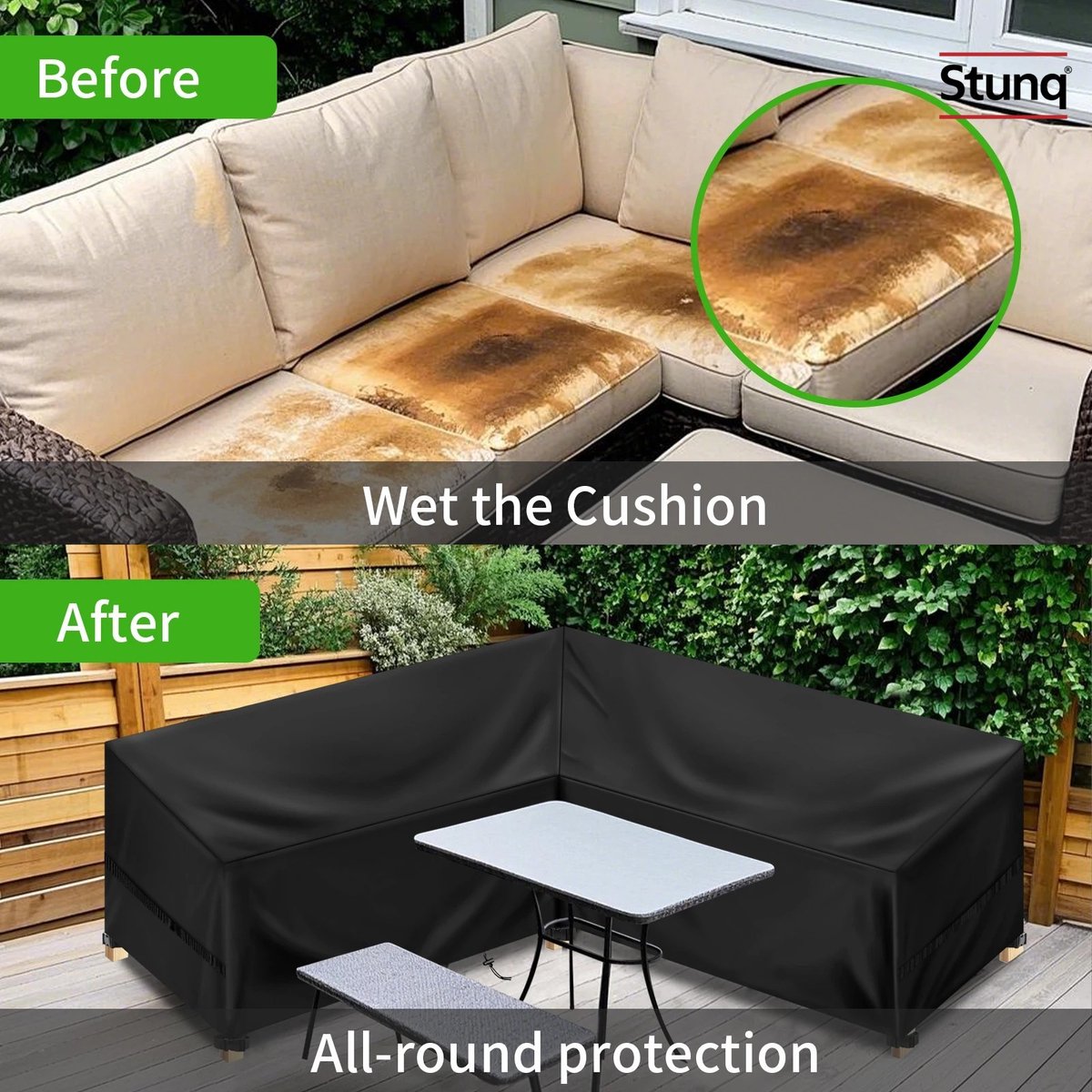 Stunq Waterdichte L-vormige tuinmeubelhoes voor hoekbank 270x188 cm Zwart