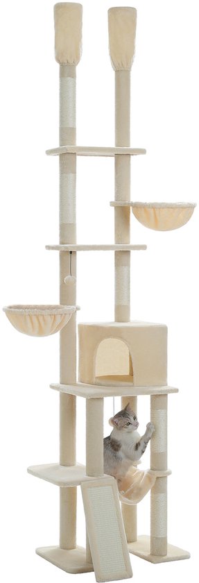 Hoge beige krabpaal met kattenhuis, hangmat en trapje.