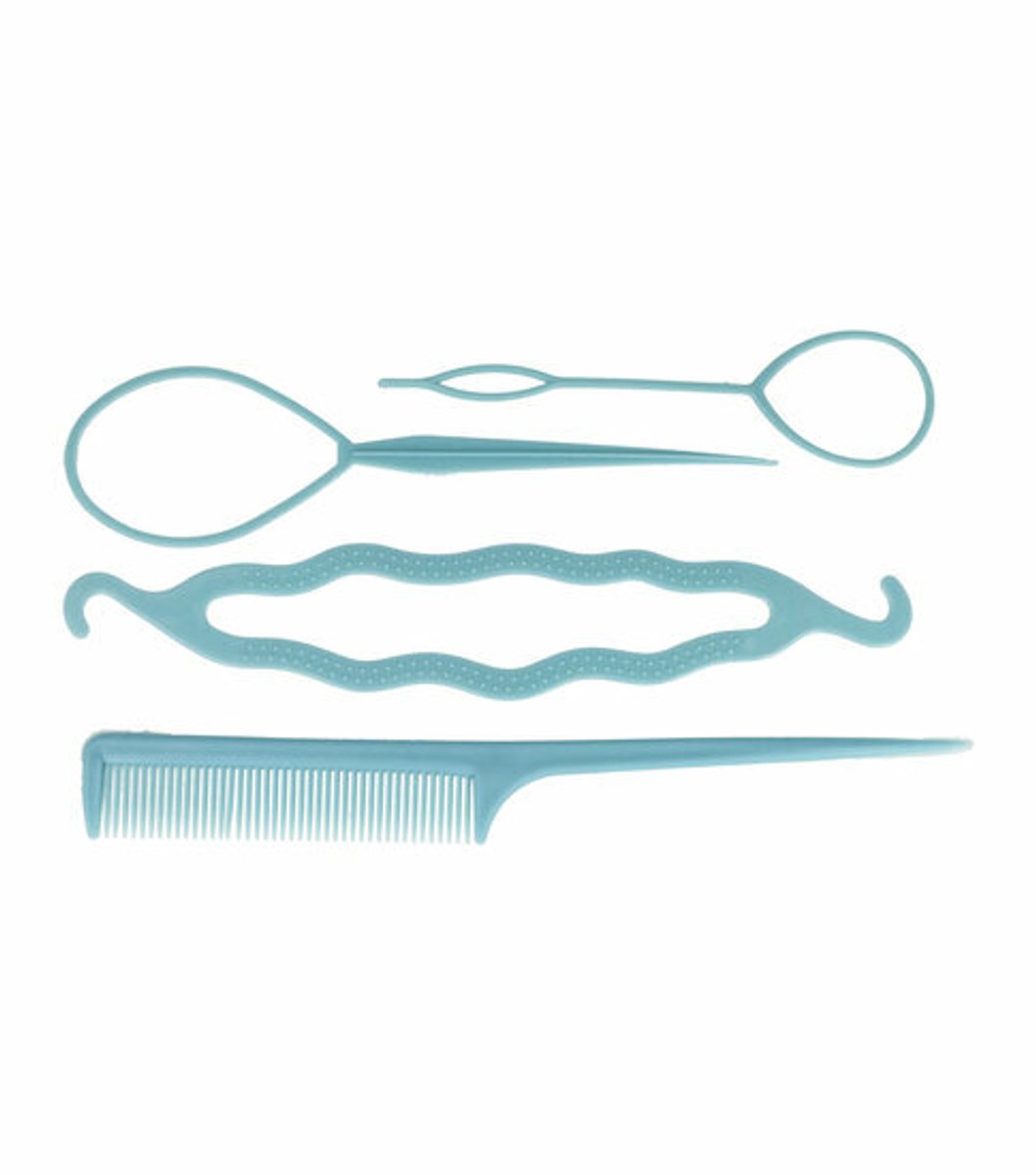 Haarsoires Haarstyling Set – Topsy Tail Knotrolband Puntkam – Kunststof – Blauw – 4 Stuks - Haarstyling - Voor Vlechten, Knopen & Hair Loops - Vlechten, Twists & Kapsels