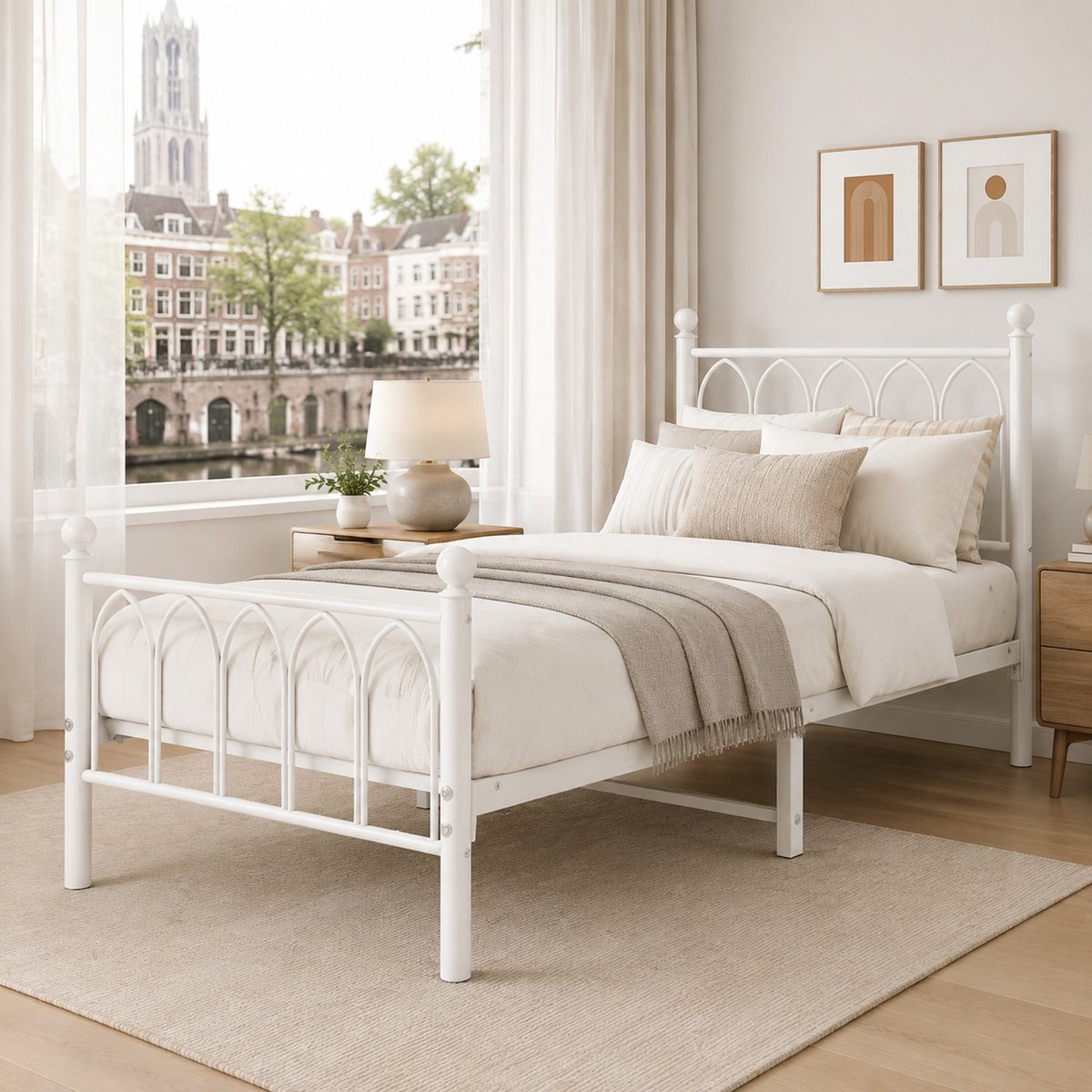 WUVRIE Metalen bedframe 90x200 cm met LED, USB-oplaadstation en opbergruimte, wit