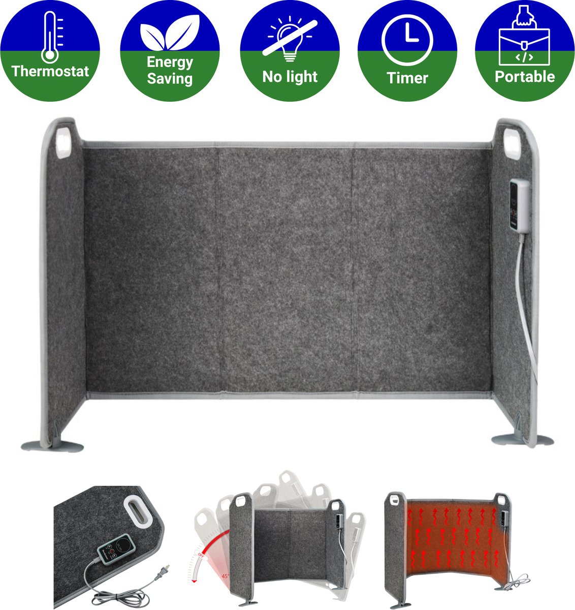 Vouwbaar infrarood paneel XL - 130 x 56 cm - 285 watt - Bijverwarming - Timer | 8 Warmtestanden | Mobiel & verplaatsbaar