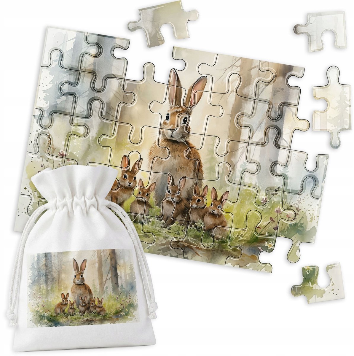 Houten Puzzel - Aquarel Konijn Bos - 35 Stukjes