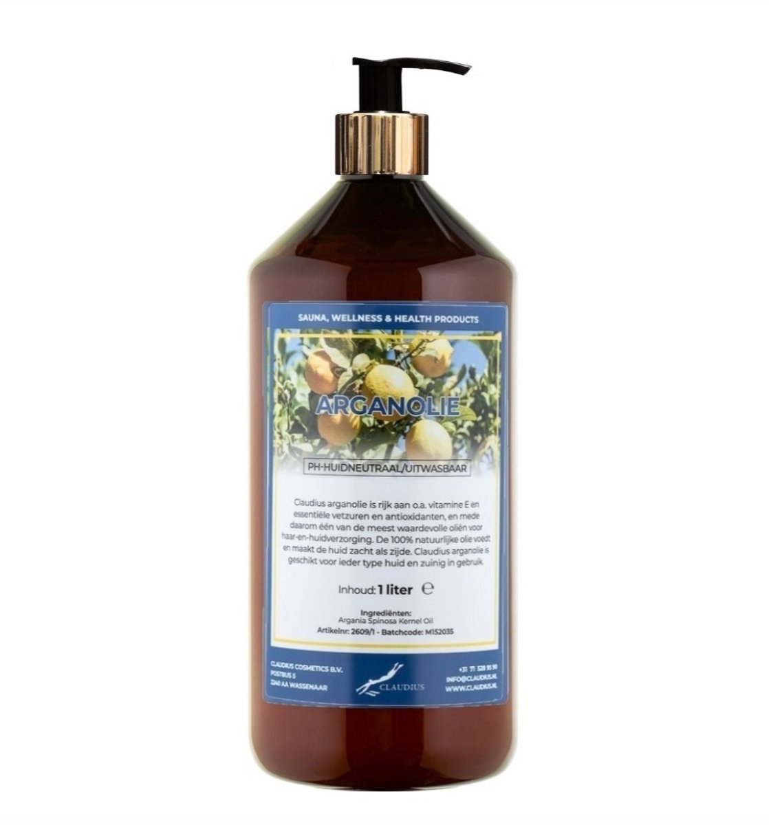Arganolie 1 liter met gouden pomp - amber fles - 100% natuurlijk - biologisch en koud geperst