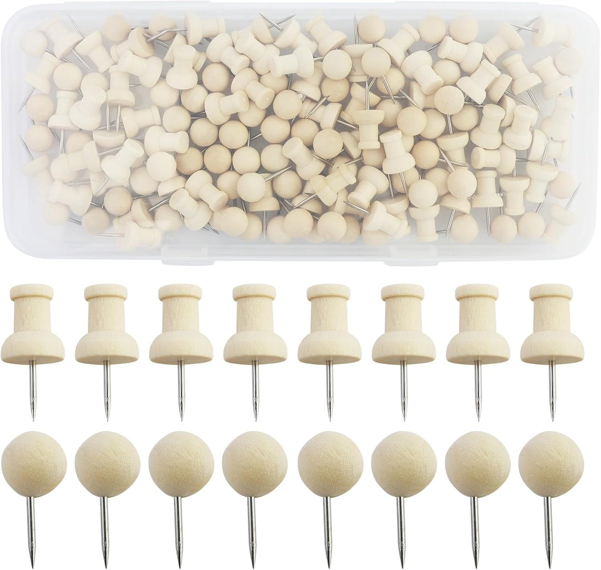 Dailygoods- Houten Tekenspelden 140 Stuks - Prikbordnaalden - Punaises voor Foto's/Kalender/Kaart - Lichtgewicht - Opbergdoos - Robuust Materiaal