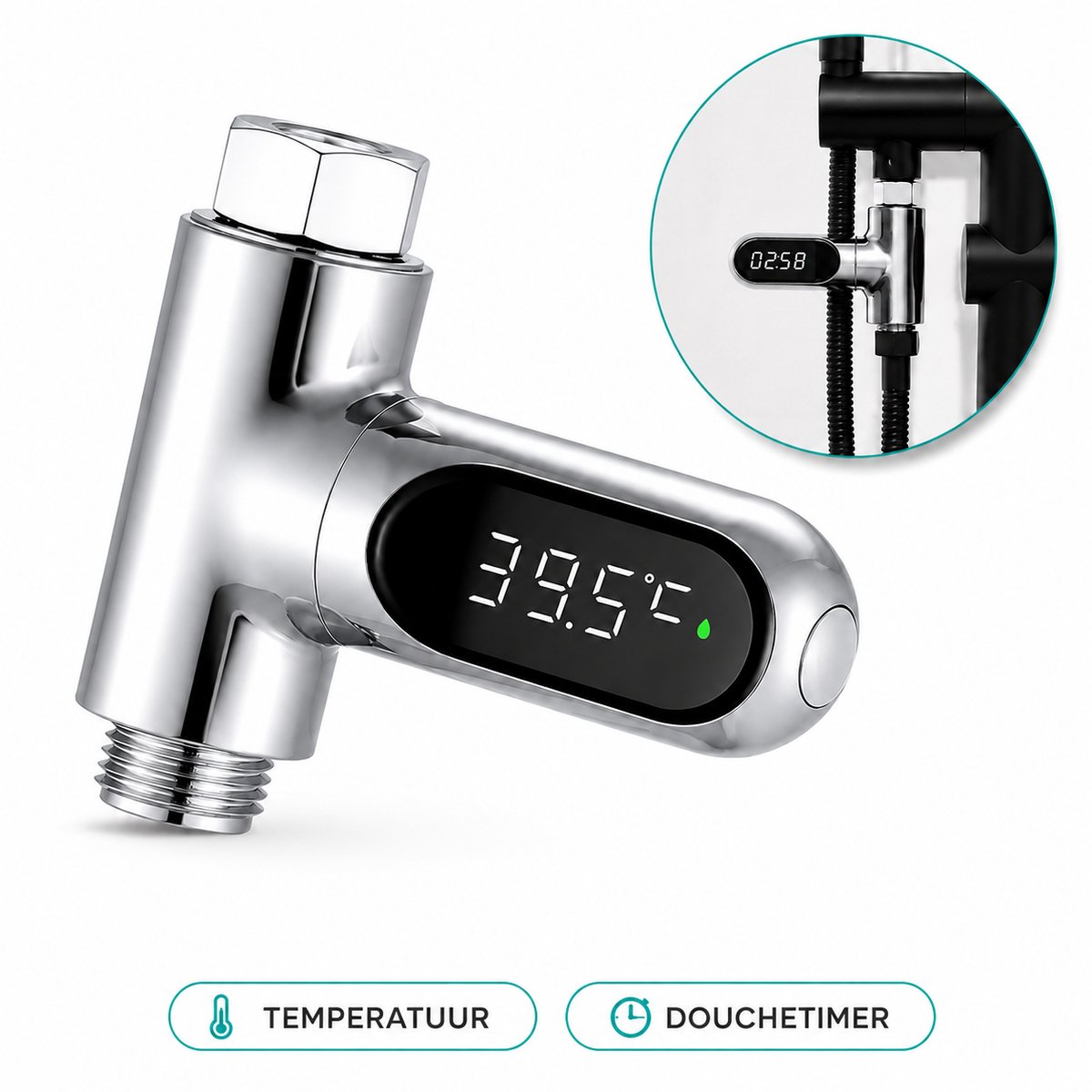 Digitale Douchethermometer met Timer – Waterbesparend Douchen - Douchetimer - Wateraangedreven Temperatuurmeter – Zonder Batterijen – LCD-Display – 1/2 Inch Aansluiting - Water Besparen