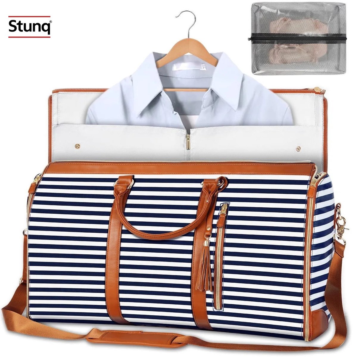 Stunq® Reiskledingtas 2-in-1 met schoenenvak, 60 liter, navy/wit gestreept