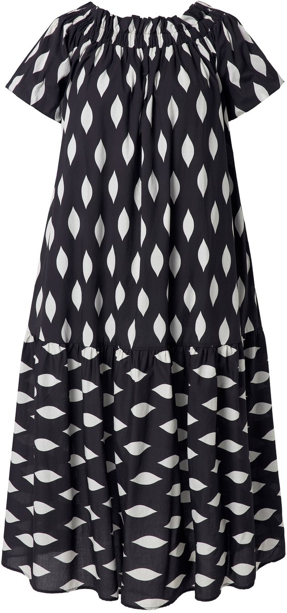 Ulla Popken - Dames - Maxi-jurk raatpatroon carmenhals korte ballonmouwen - Zwart - Maat 50+