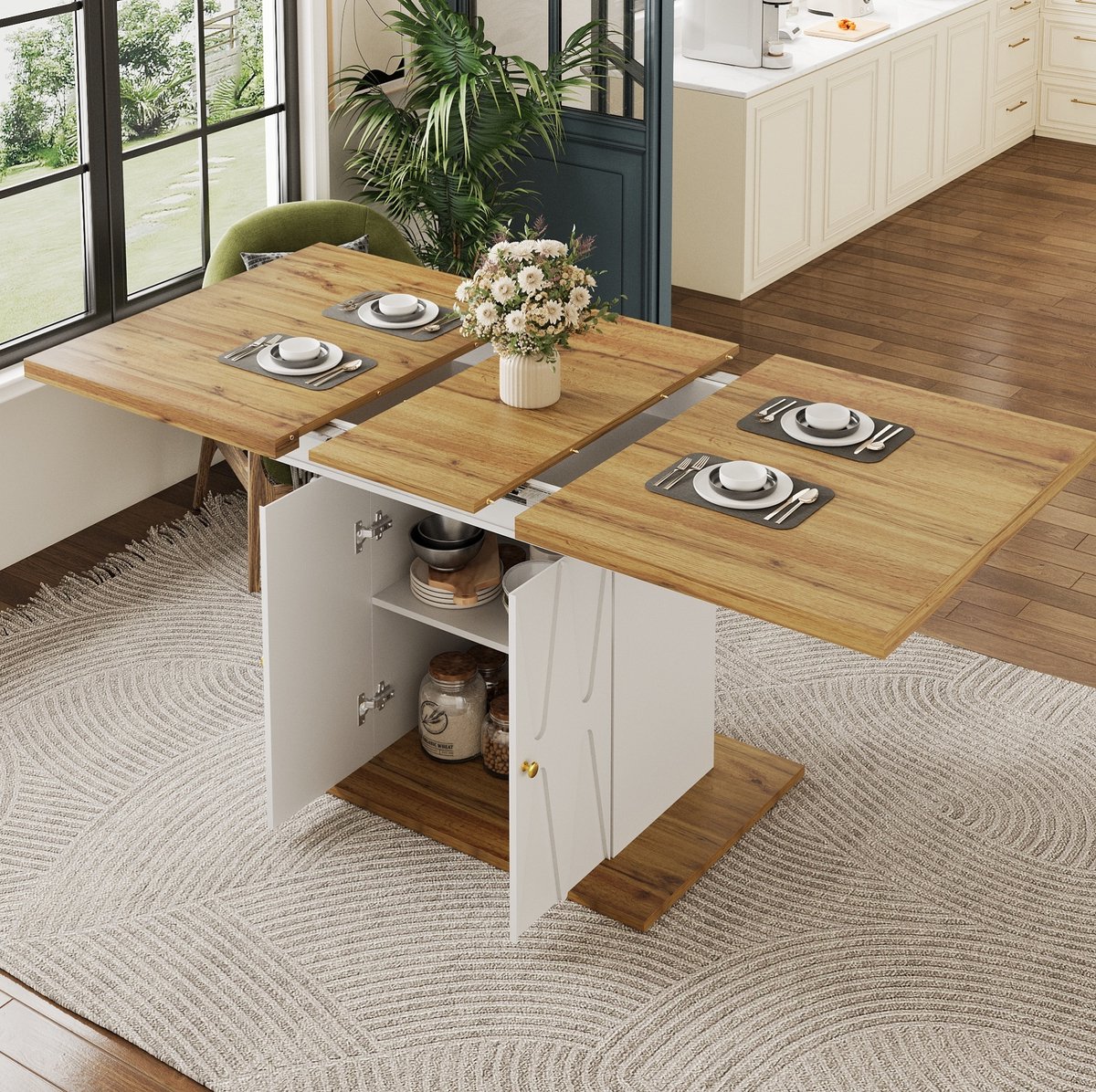 REDOM - Eettafel - Uitschuifbaar - Geïntegreerde opbergruimte - Reliefpatroon - Keuken en woonkamer - MDF en metaal - Wit - 110-140 x 70 x 76,5 cm