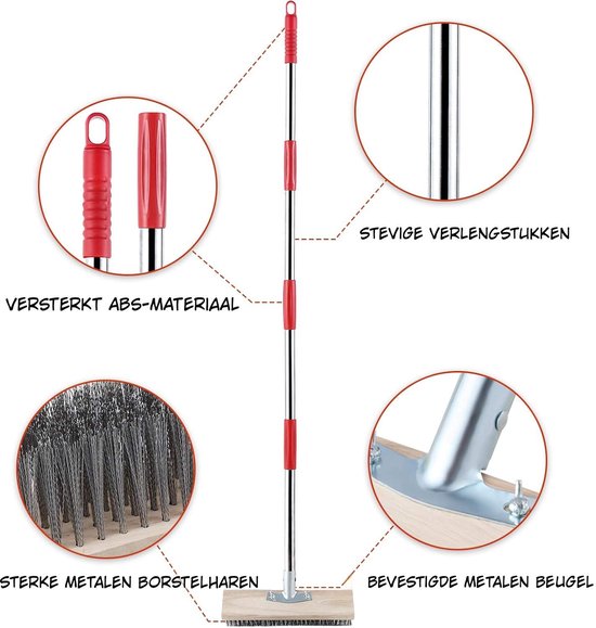 Kavo Onkruidborstel - 4 Roestvrijstalen Verlengstukken - Onkruidverwijderborstel - Borstel en Bladschraper - Zilver/Rood - 4cm x 30cm x 145cm — afbeelding 2