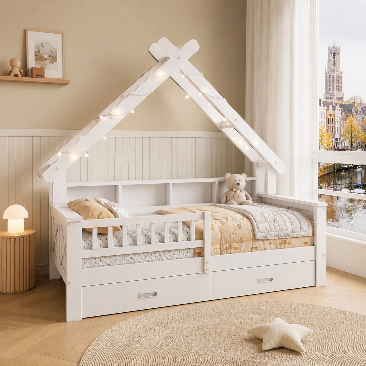 WUVRIE Huisbed 90x200 cm met LED, opbergvakken, 2 lades en veiligheidshek in wit