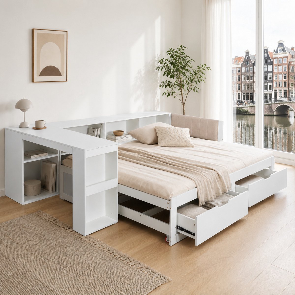 WUVRIE Uitbreidbaar bedframe 90x200 cm met bureau, opberglades en lattenbodem, wit