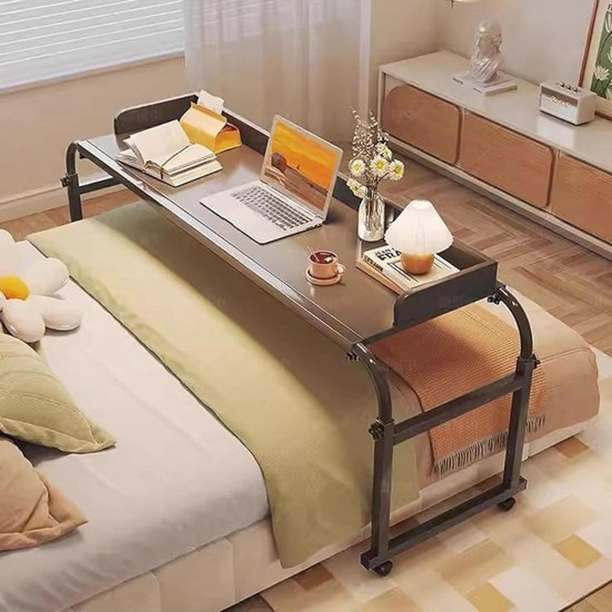 Bedtafel op wielen - Laptoptafel Werktafel - Thuiswerken - In hoogte verstelbaar - 115-210 cm breed - Zwart