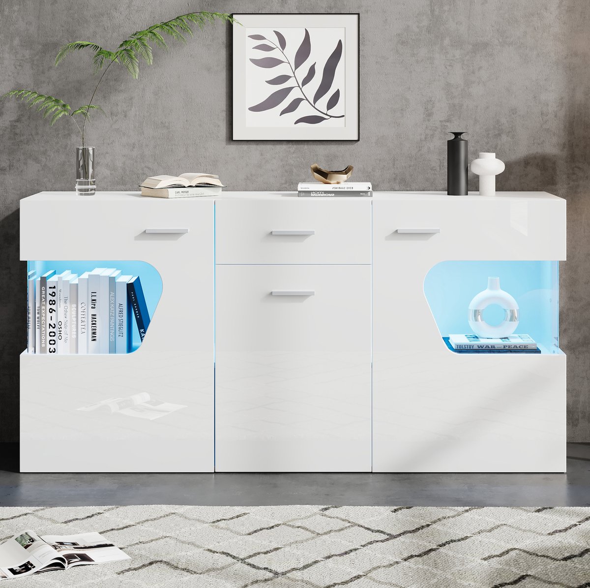 REDOM Sideboard - 3 deuren en lade - LED-verlichting - Veiligheidsglas - Modern design - Woonkamer - MDF - Wit - 140 x 33 x 70 cm