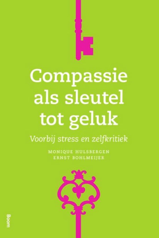 Boek met de titel 'Compassie als sleutel tot geluk' op een groene achtergrond met een roze sleutel en een ornament.
