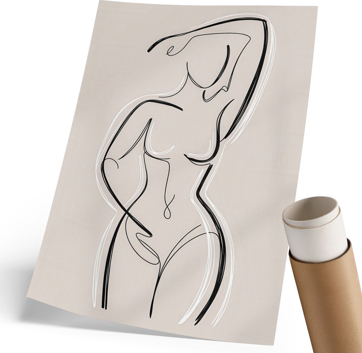 Coloray Polycanvas Poster - Vrouwelijk Silhouet, Lijntekening - 210 x 297 mm - Beige Design - Rechthoek - Decoratieve poster - Woonkamer, Slaapkamer, Kantoor - Minimalist