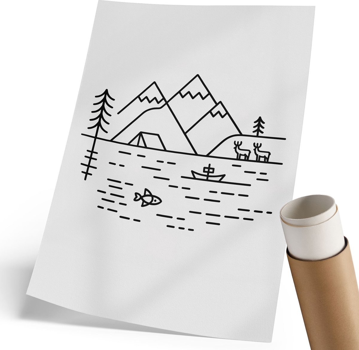 Coloray Polycanvas Wandposter - Berglandschap, Lijntekening - 210 x 297 mm - Zwart-wit Wandposter - Rechthoek - Interieurdecoratie - Woonkamer, Slaapkamer, Kantoor - Minimalist