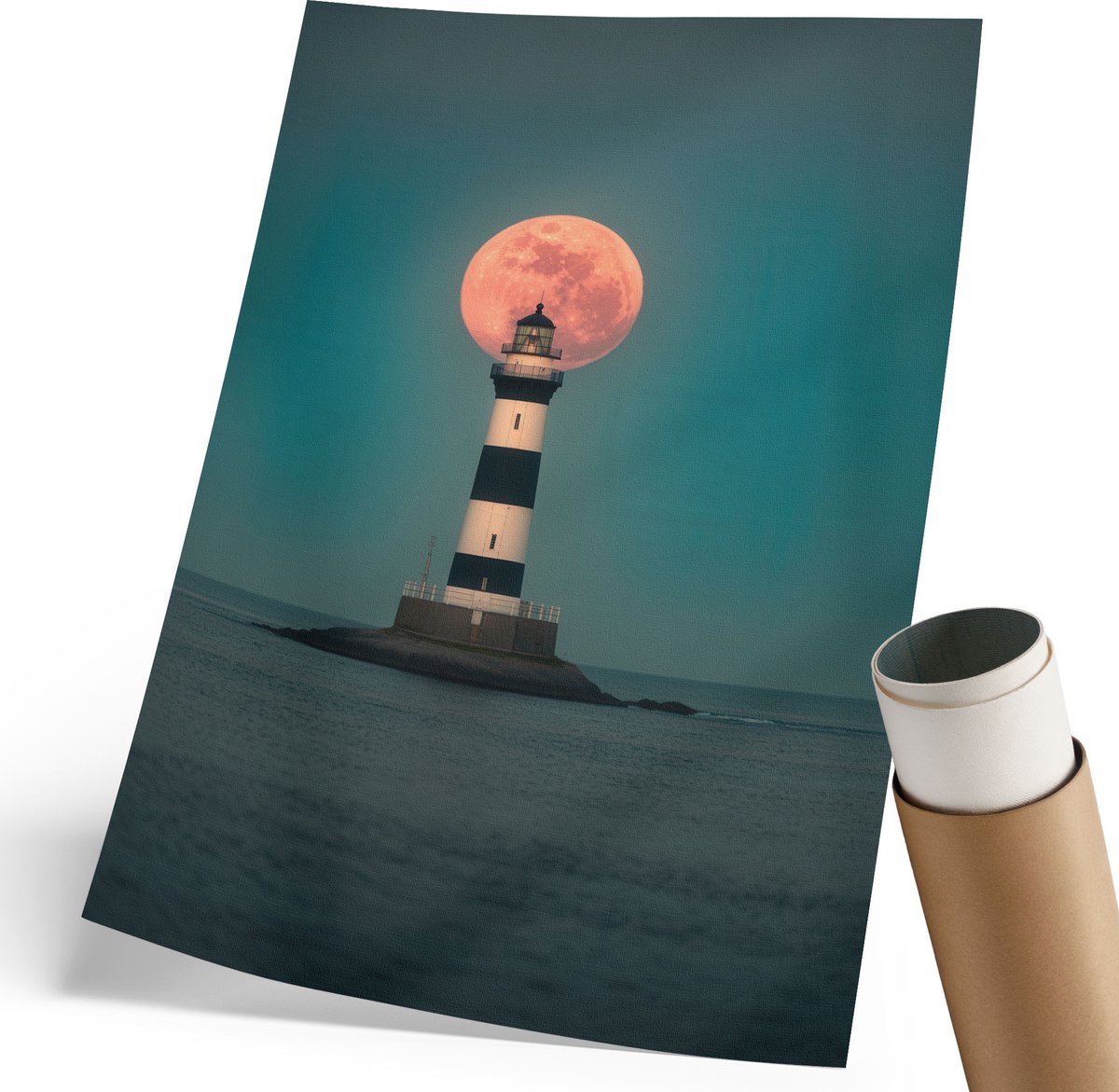 Coloray Polycanvas Wandposter - De Vuurtoren En De Maan, Fotografie - 210 x 297 mm - Blauw Motief - Rechthoek - Canvasposter - Woonkamer, Slaapkamer, Kantoor - Romantisch