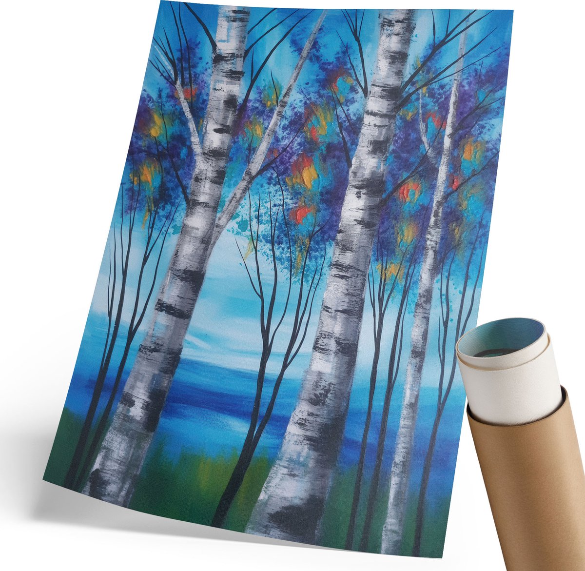 Coloray Polycanvas Wandposter - Kleurrijke Berken, Schilderen - 210 x 297 mm - Blauw Wanddecoratie - Rechthoek - Interieurdecoratie - Woonkamer, Slaapkamer, Kantoor - Expressief