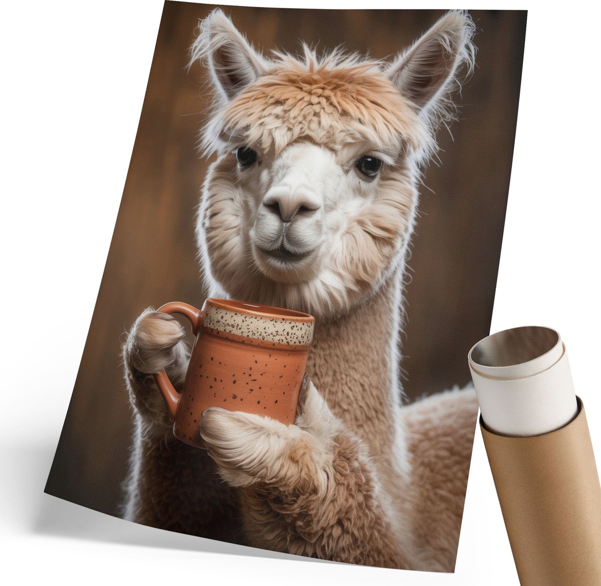 Coloray Polycanvas Wandposter - Alpaca Met Koffie, Illustratie - 210 x 297 mm - Beige Design - Rechthoek - Canvasposter - Woonkamer, Slaapkamer, Kantoor - Humoristisch