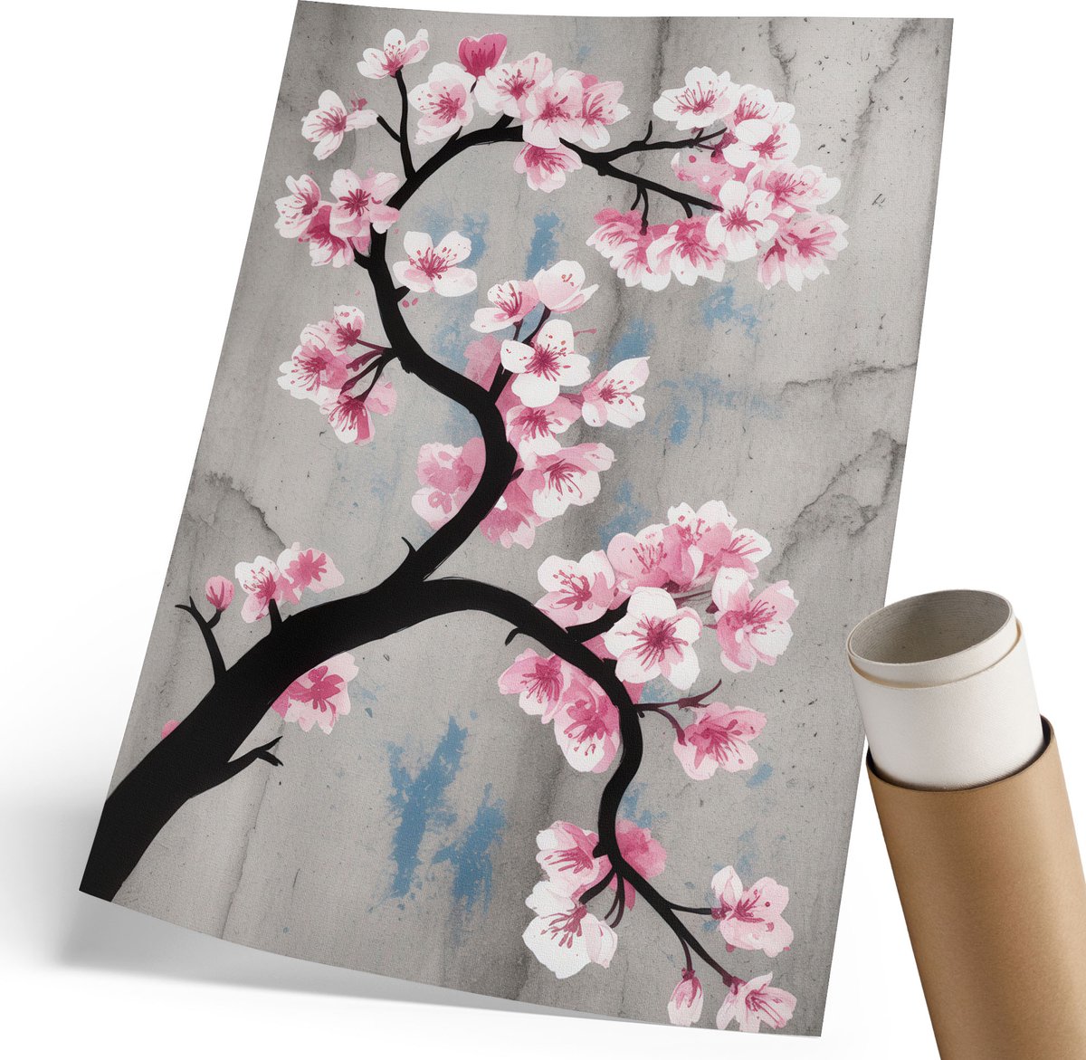 Coloray Polycanvas Wandposter - Een Bloeiende Tak, Schilderen - 210 x 297 mm - Grijs Patroon - Rechthoek - Wandkunstwerk - Woonkamer, Slaapkamer, Kantoor - Modern