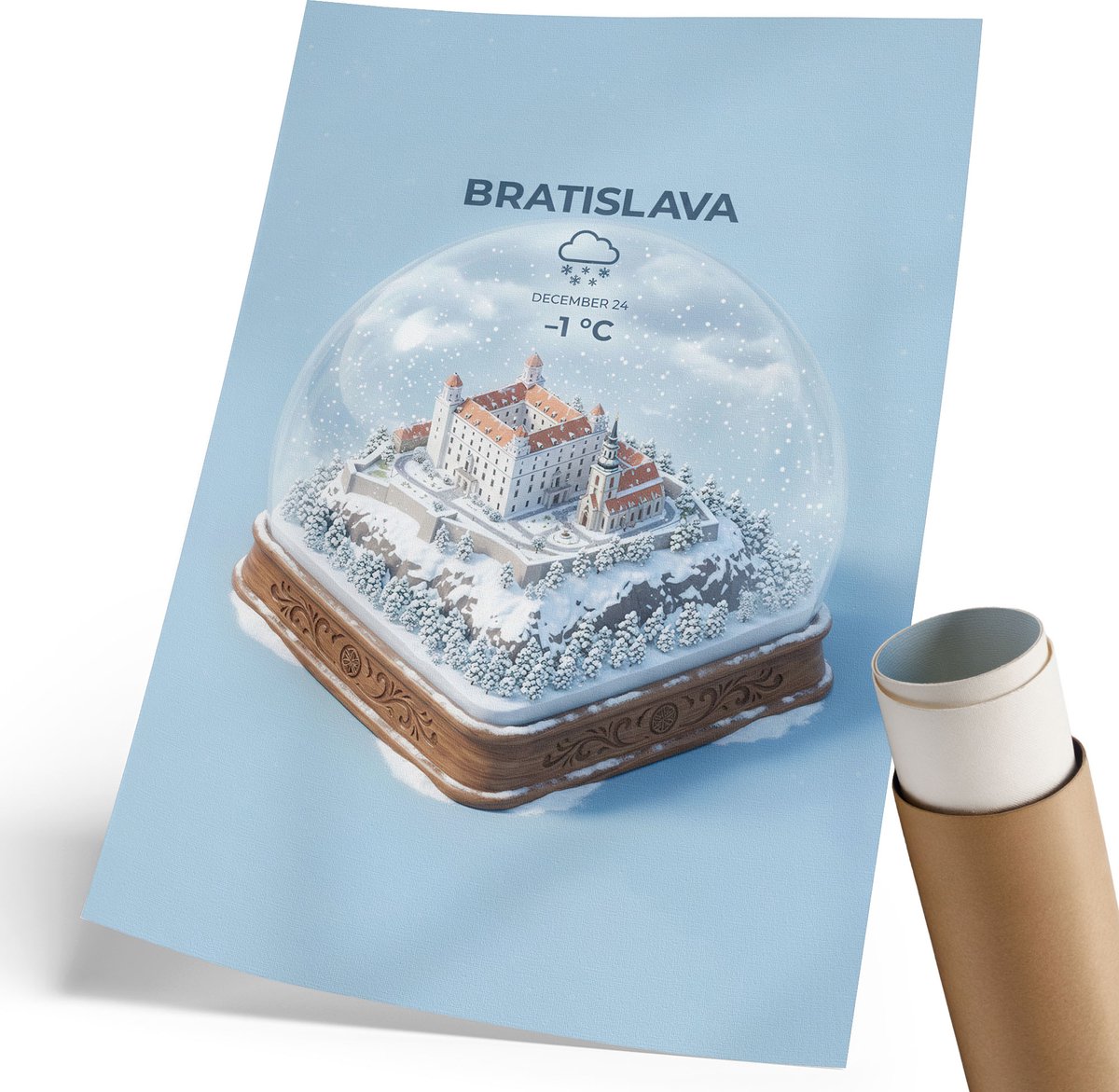 Coloray Polycanvas Poster - Sneeuwbol Van Bratislava, Illustratie - 210 x 297 mm - Blauw Design - Rechthoek - Kunstposter - Woonkamer, Slaapkamer, Kantoor - Modern