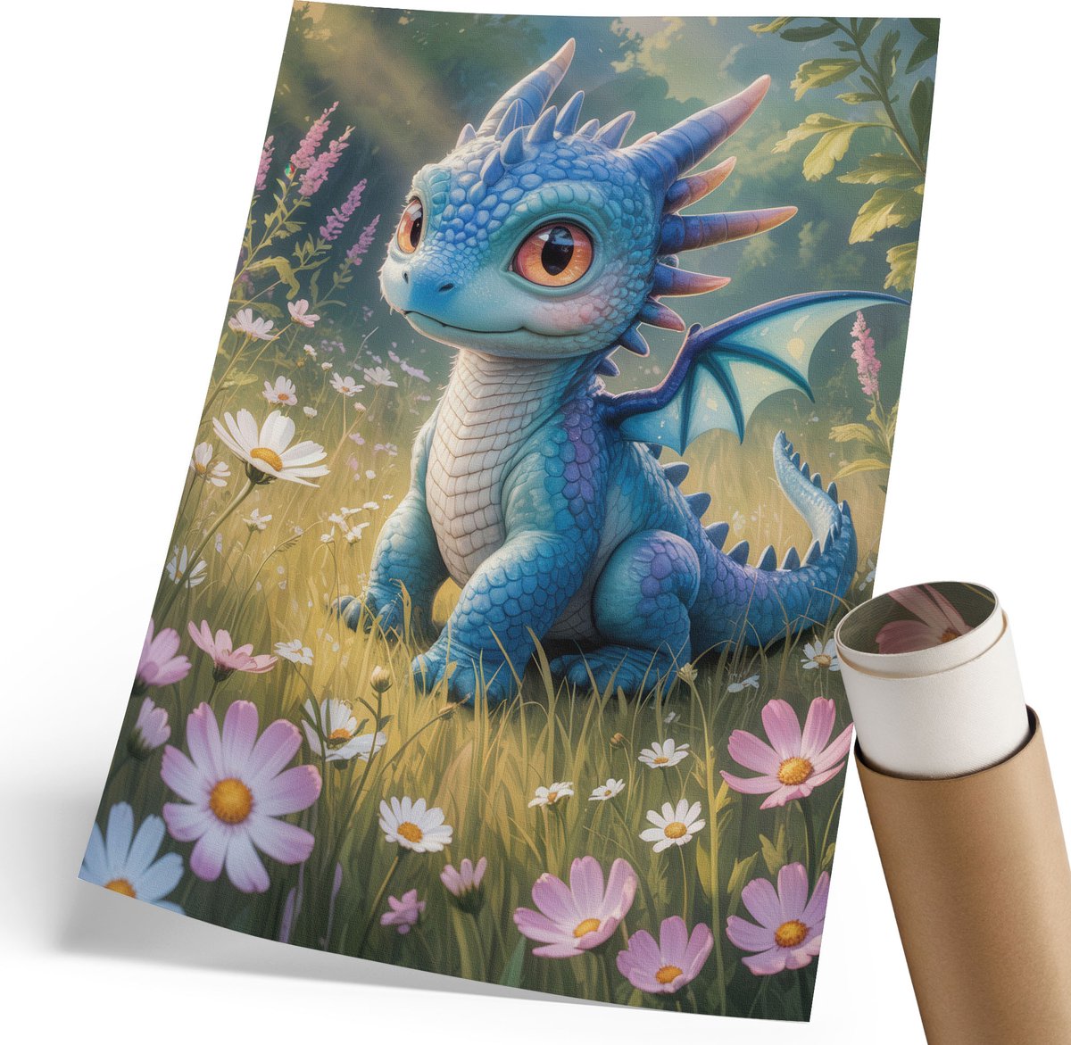 Coloray Polycanvas Wandposter - Blauwe Draak, Illustratie - 210 x 297 mm - Blauw Wanddecoratie - Rechthoek - Canvasposter - Woonkamer, Slaapkamer, Kantoor - Kinder