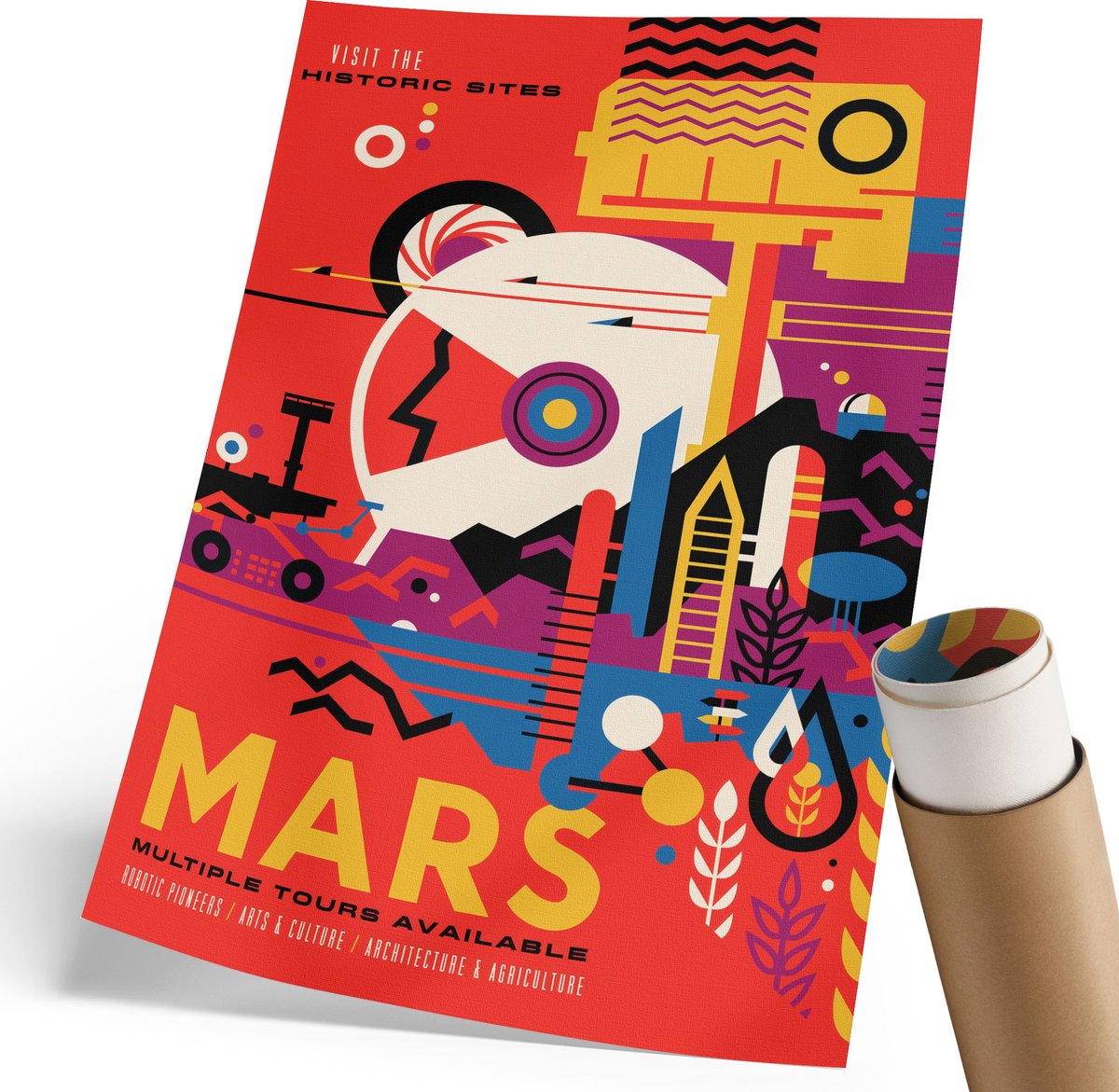 Coloray Polycanvas Wandposter - Reis Naar Mars, Illustratie - 210 x 297 mm - Rood Kunst - Rechthoek - Wandkunstwerk - Woonkamer, Slaapkamer, Kantoor - Popcultuur