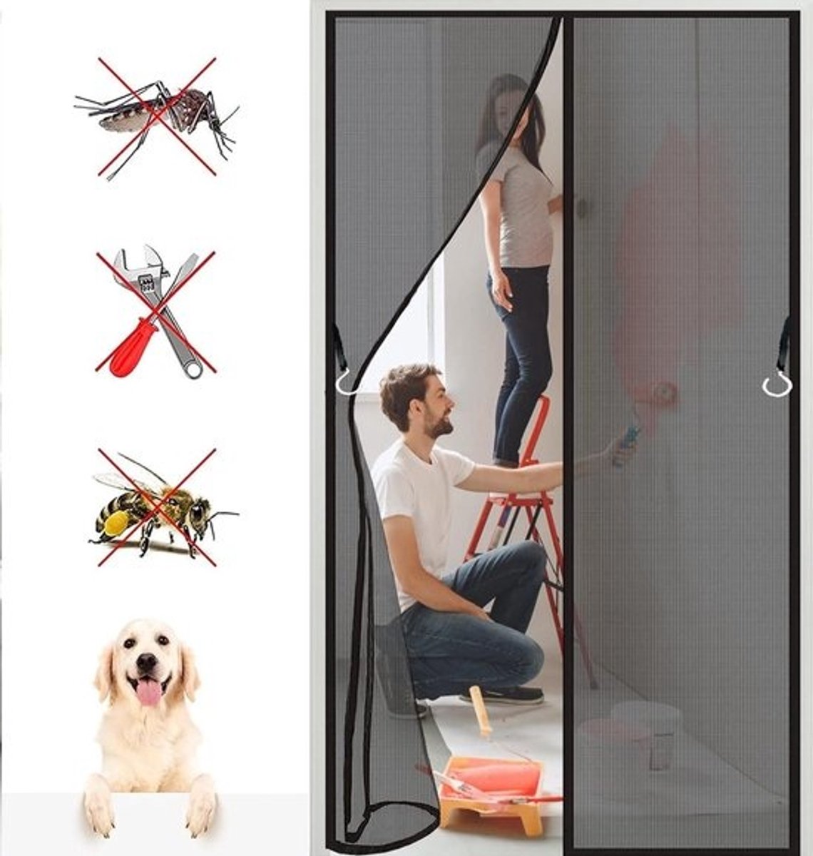 Magnetische hordeur - Vliegenhor Horrengaas - Insecten buiten houden - Eenvoudige installatie zonder boren - 100 x 240 cm - Zwart