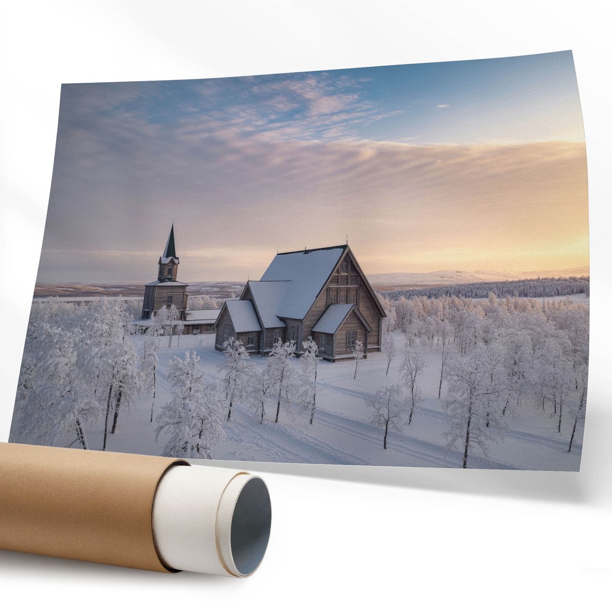 Coloray Polycanvas Wandposter – Winterkerk, Wit – 594 x 840 mm – Wit Poster – Rechthoek – Muurdecoratie – Kantoor – Klassiek