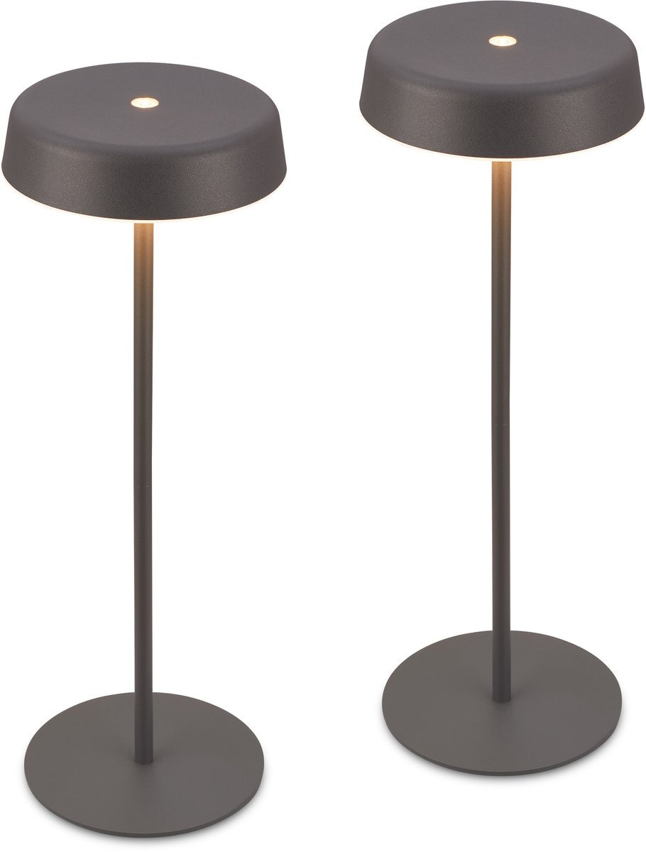 BRILONER Pala – Set van 2 Tafellampen oplaadbaar – dimbaar – draadloos – IP44 – warm wit licht – antraciet – Ø13 x 36,5 cm