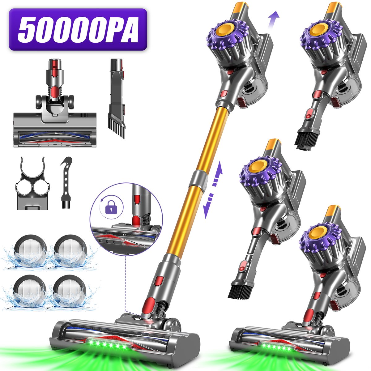 Adormii Steelstofzuiger Draadloos – 50 kPa Sterke Zuigkracht – Tot 60 Min Accuduur – Anti-haarwikkel Vloerborstel – 4 HEPA-filters – 1,6 L Stofreservoir – Groene LED Stofdetectieverlichting – Goud