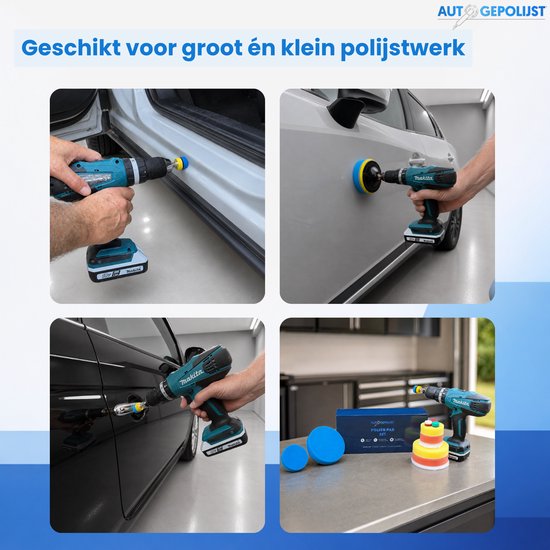 Mensen gebruiken een boormachine met polijstpad op deuren, zijkant en motorkap van auto's. Ook een set met polijstpads en polijstmachine op een aanrecht.