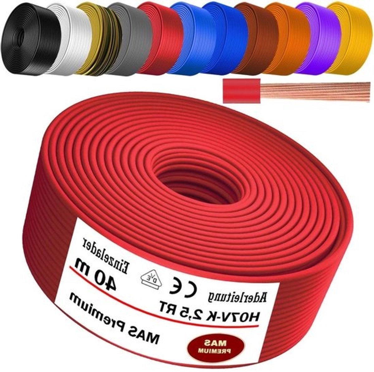 Aderleiding H07 V-K - Enkele ader flexibel - Elektrische installaties - Meerdere fijne koperdraden - 40 meter - Rood