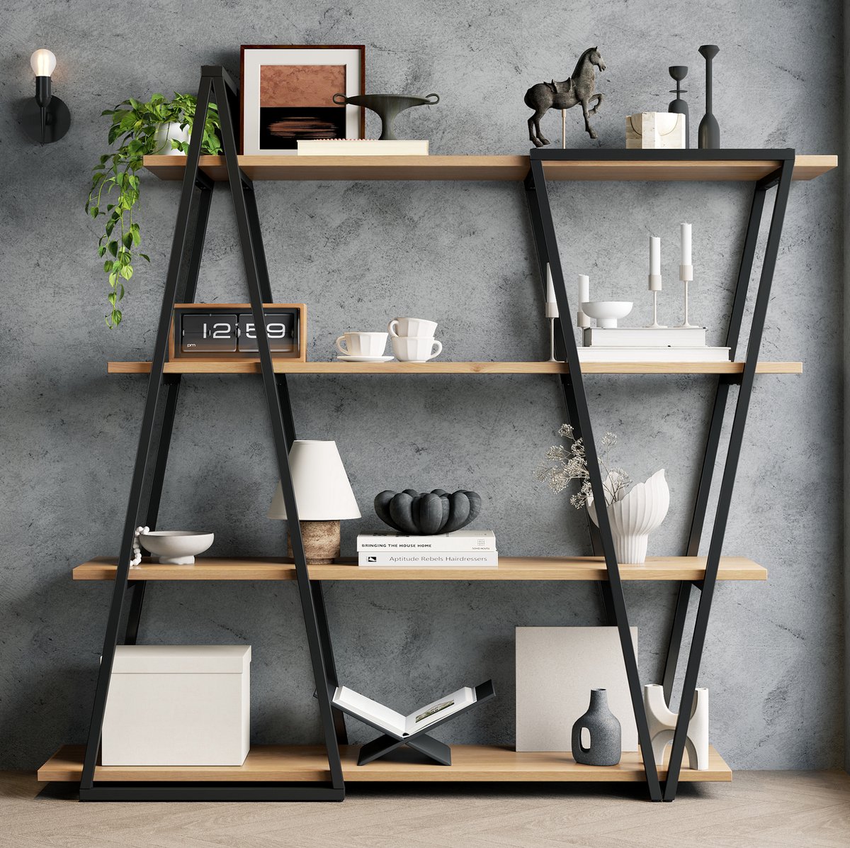 MODFU - Open Geometrische Boekenkast - Zwart - MDF - 158 X 35 X 166 Cm